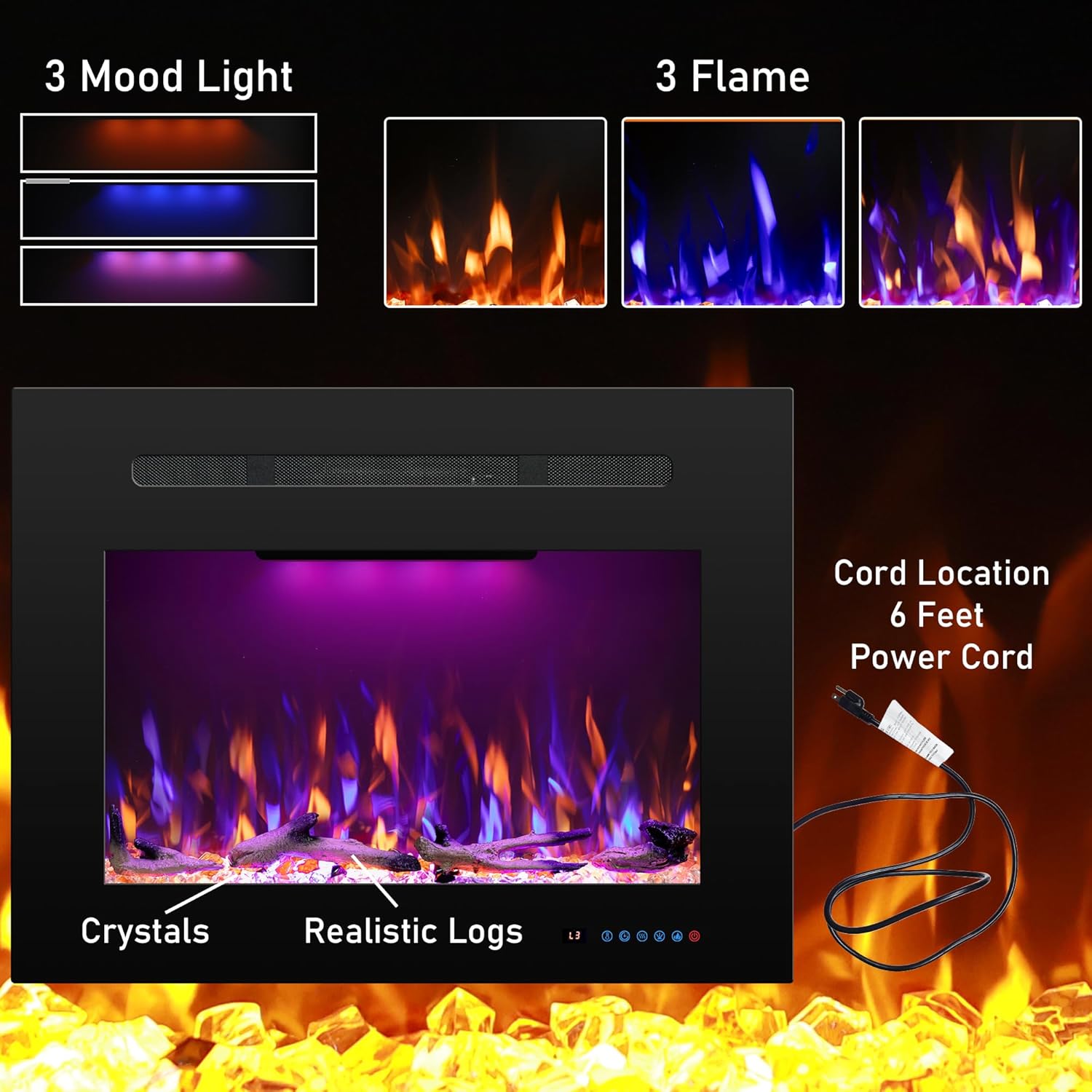 Electric Fireplace Inserts with 3 Flame & Top Light Color, Recessed Fireplace Heater with Thermostat, 750/1500W, Crackling Sound, Logs & Crystals, Timer, 32.2" W x 19.6" H Rear