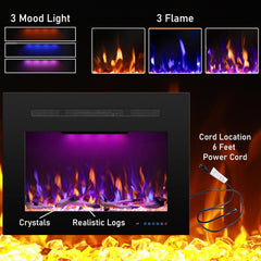 Electric Fireplace Inserts with 3 Flame & Top Light Color, Recessed Fireplace Heater with Thermostat, 750/1500W, Crackling Sound, Logs & Crystals, Timer, 32.2" W x 19.6" H Rear