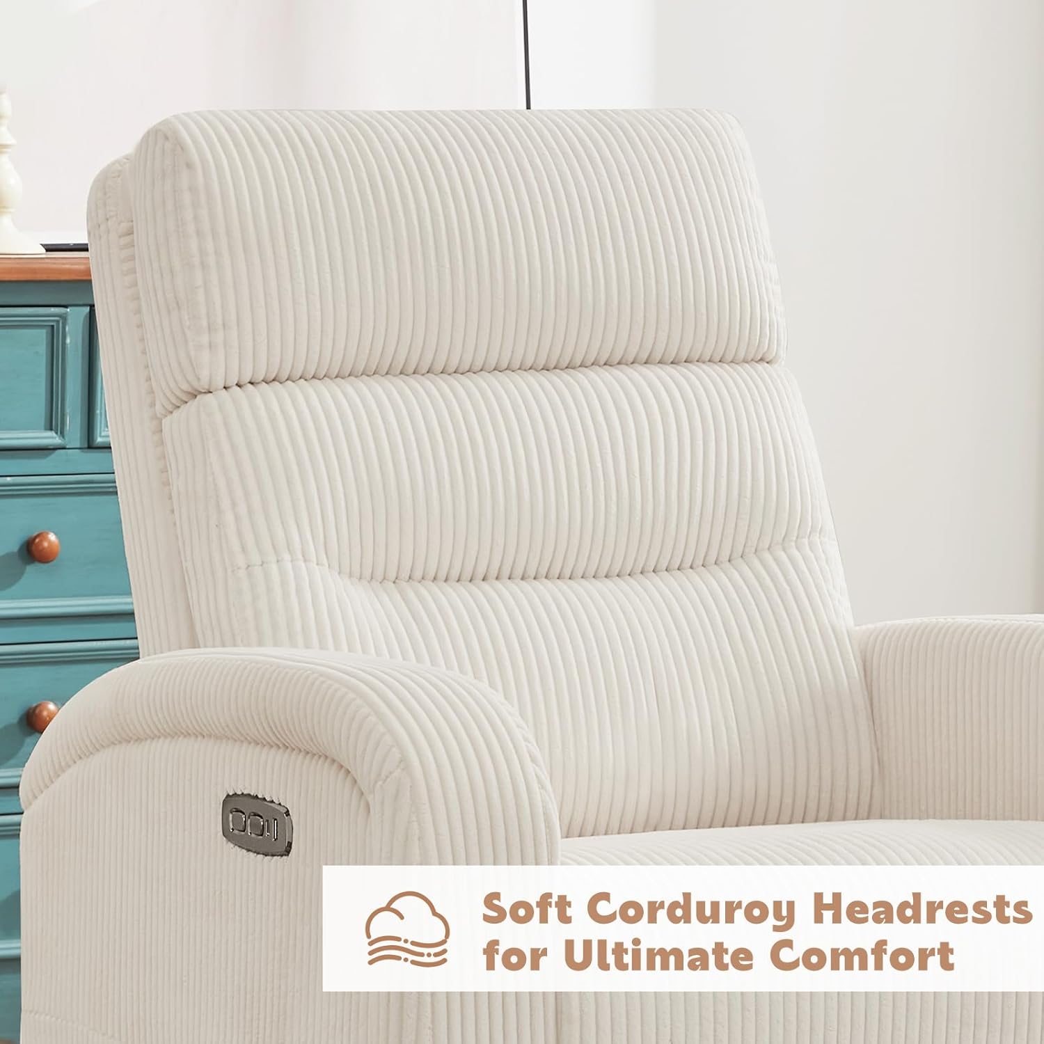 Power Swivel Rocker Recliner Chair for Nursery, Swivel Reclining Rocking Chairs, Electric Swivel Recliner Glider Nursery for Living Room, Upholstered Recliner Chairs for Bedroom, Corduroy White