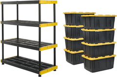 CX Black & Yellow 4-Tier Heavy Duty Storage Shelves and 8 Heavy Duty Storage Bins with Lids, 4 Shelves that Support up to 200lbs/shelf + 27 Gallon Containers (8-Pack), Organization and Storage