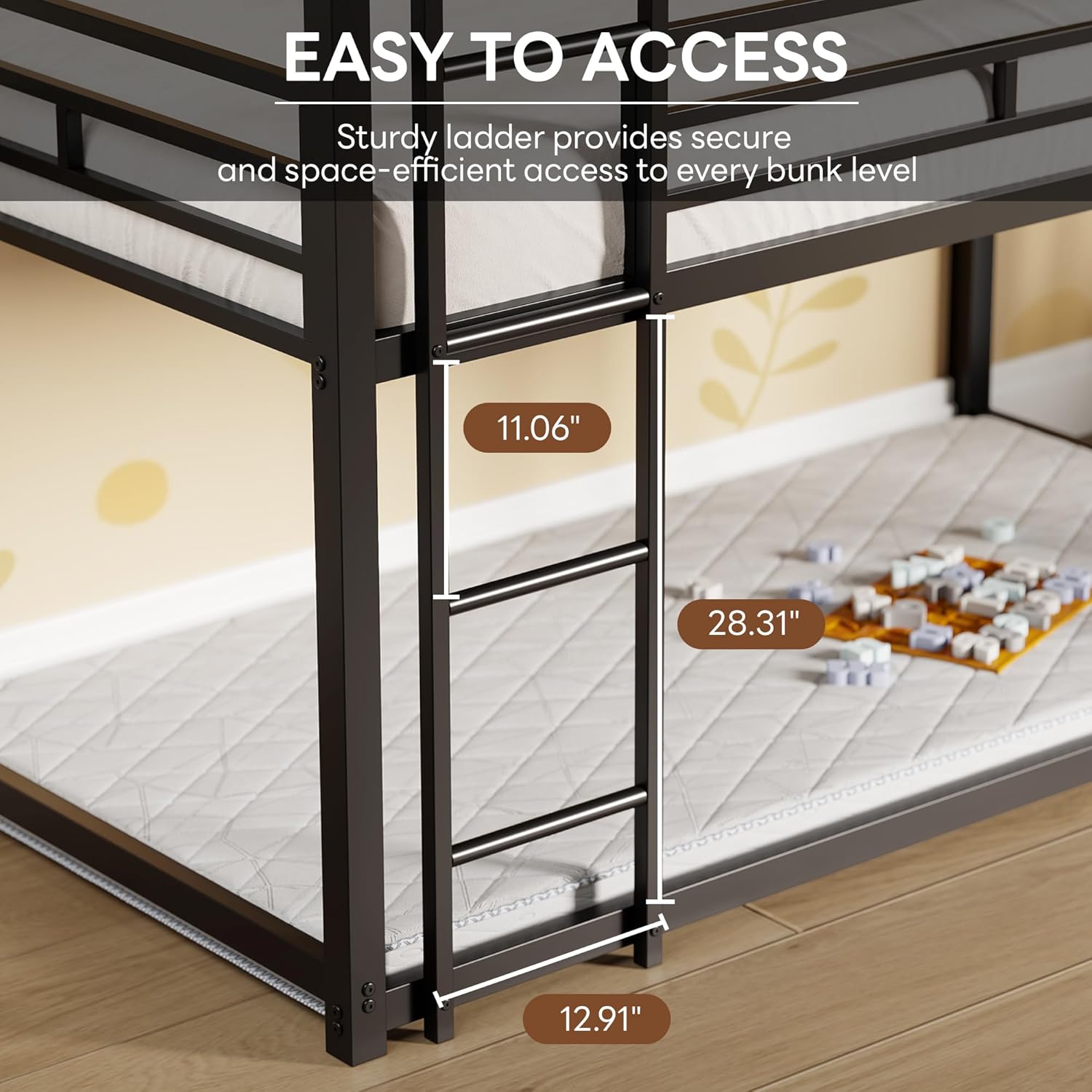 LIKIMIO Triple Bunk Bed, Bunk Bed Twin Over Twin Over Twin, Triple Bunk with 2 Ladders, Metal Bed Frame with Guardrails for Bedroom, No Box Spring Needed, Black