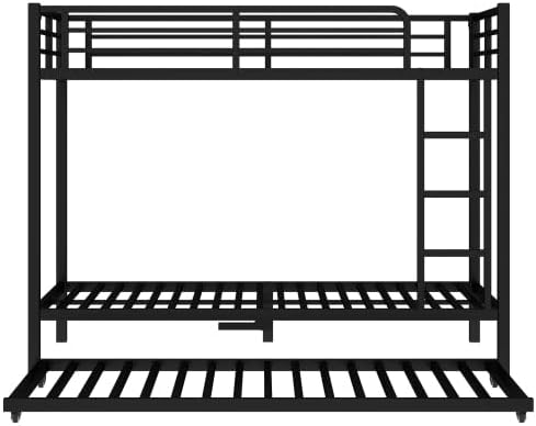 Metal Bunk Bed Twin XL over Twin XL with Trundle for 3 Kids/Teens/Adults, Heavy-duty Metal Bunk Bed Frame with Ladder & Safety Guardrail, Space-saving Design for Bedroom/Kidsroom/Dorm, Black