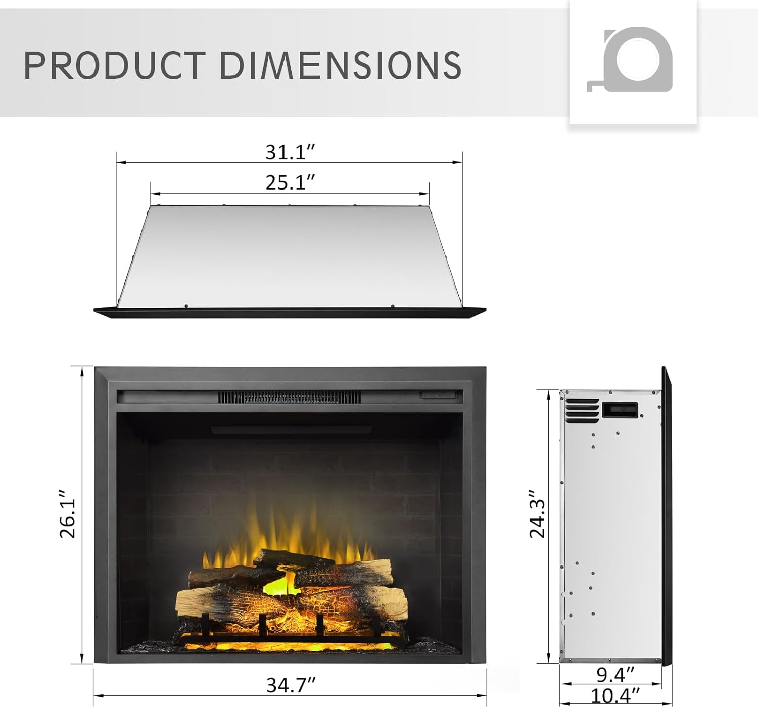 LegendFlame Carl 35" W Electric Fireplace Insert (EF264), Fireplace Heater 750/1500W, Fire Crackling Sound, Remote Control…