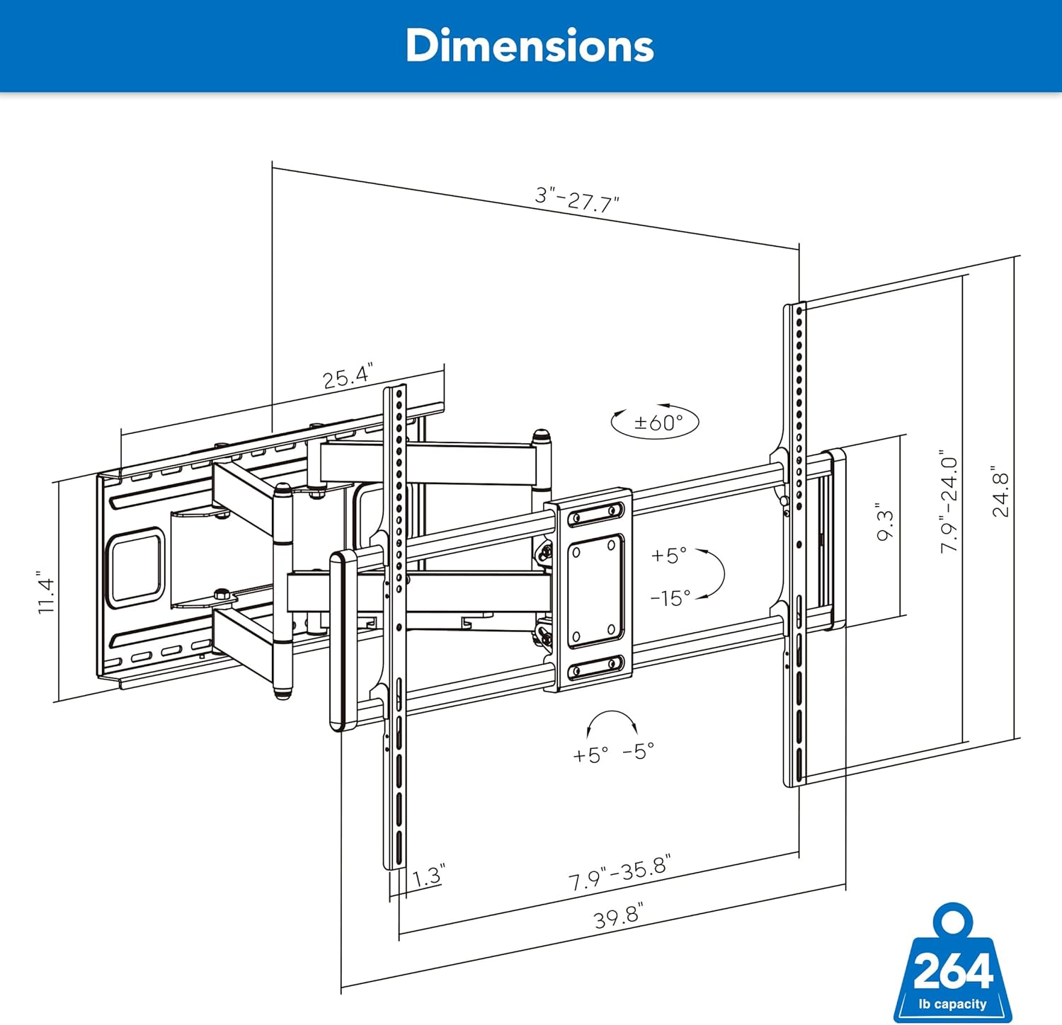 Mount-It! Heavy Duty XXL Full Motion TV Wall Mount for Extra Large TVs  max VESA 900x600  Holds up to 264lb  Swivel Tilt Extension Adjustable TV Mount for 60" 65" 75" 80" 85" 90" 98" 100" 115" 120 in