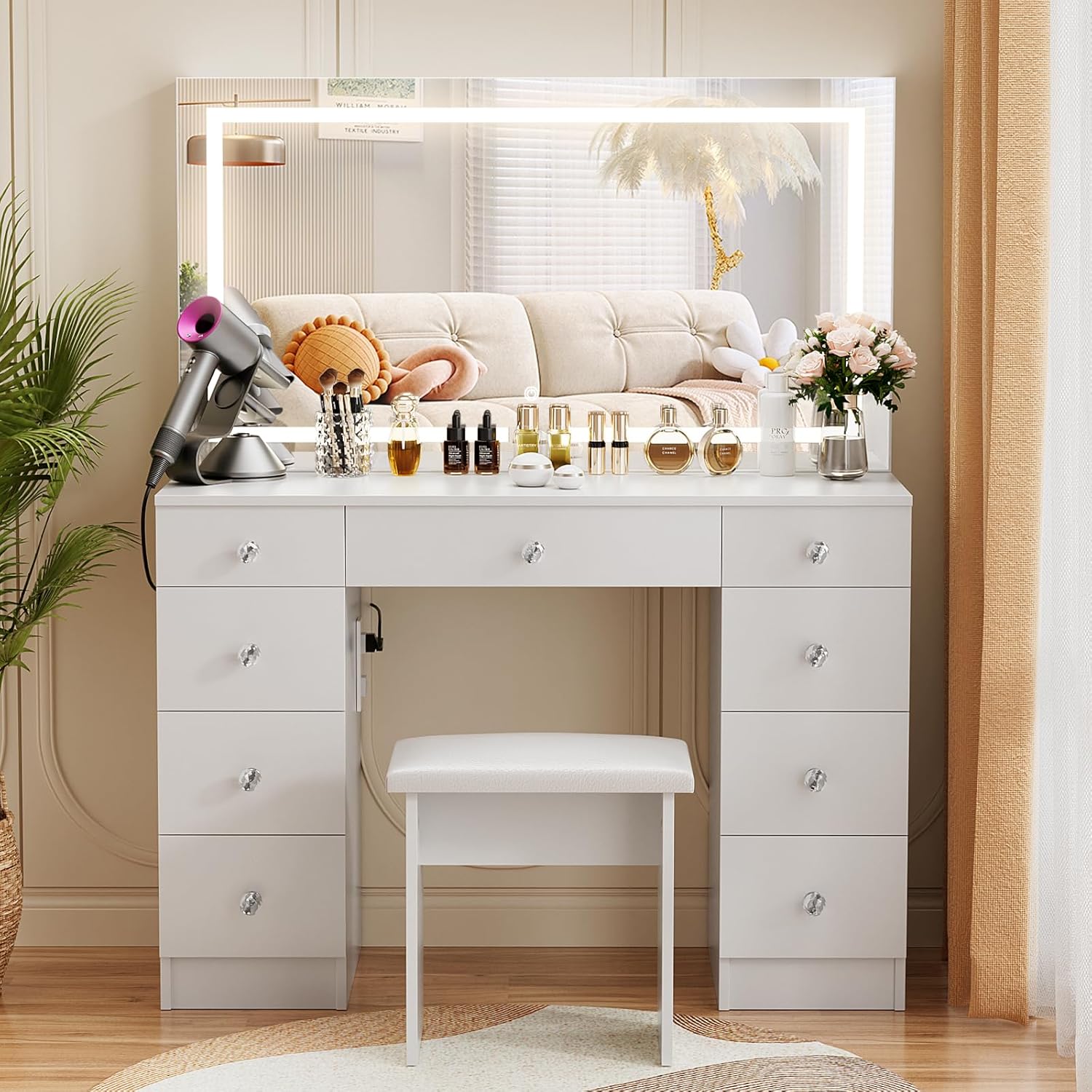 VOWNER Vanity With Lighted Mirror - Makeup Desk With Power Outlet and 9 Drawers, 3 Color Lighting Modes Adjustable Brightness, 43" Table With Soft Cushioned Stool for Bedroom, White
