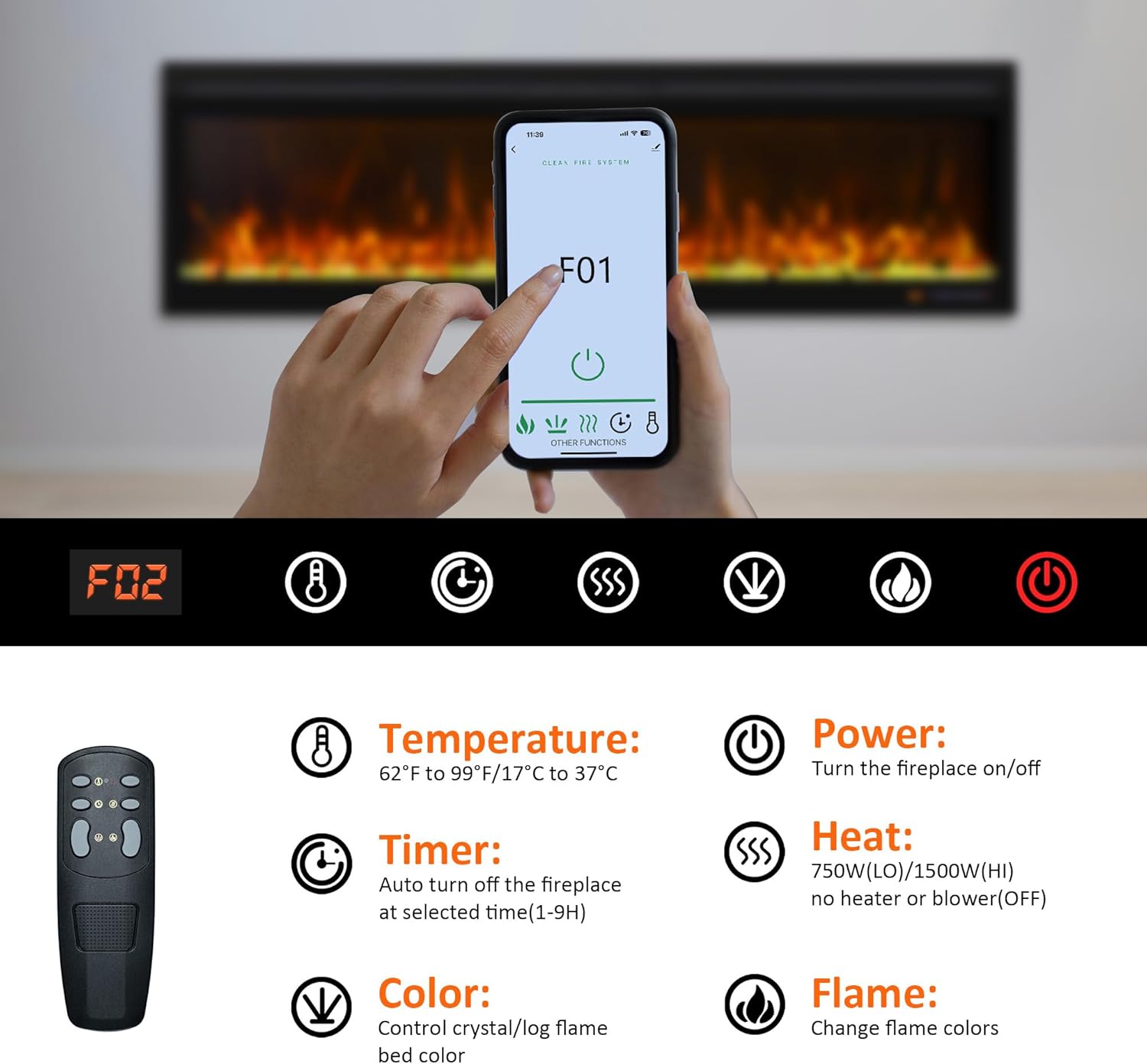 60 Inch Smart WiFi Infrared Electric Fireplace Realistic Flame, 169 Flame Color Combinations,App/Remote Control, Logs & Crystals,750W/1500W Heater, Black