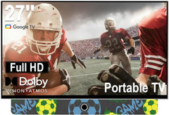 27 Inch Portable Smart TV  Android 14 OS  Built-in Battery Powered  FHD HDR Display  60Hz Refresh Rate  Dolby Audio  WiFi  Chromecast  Voice Remote  for Bedroom  Game Day Parties  Camping & Travel