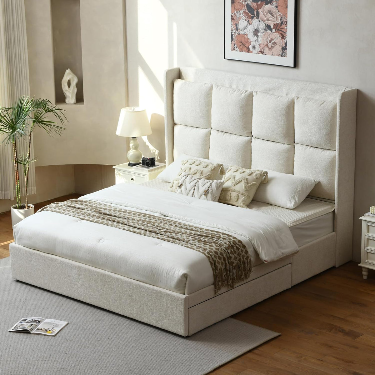 PINJU King Size Bed Frame with Storage Drawers with Linen Upholstery, Extra High Headboard, Wooden Slat Support, No Noise, Easy to Assemble (Cream, King (U.S. Standard))