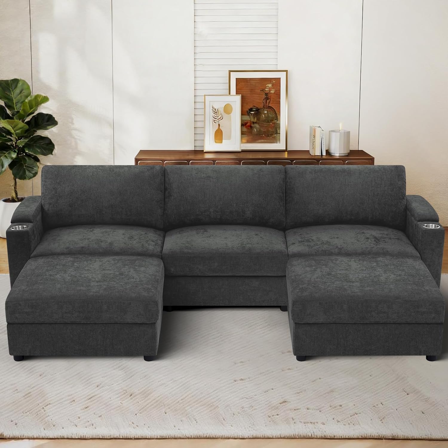 108'' Chenille Sectional Couch with Storage Armrests,U Shaped Upholstered Sofa with 2 Movable Ottomans, 5-Seat Modular Couch with Cup Holders for Living Room, Grey