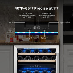 Yeego 24 Inch Wine Fridge Cooler - 52 Bottles Dual Zone Wine Cooler with Glass Door, 40-65℉ Built-In or Freestanding Refrigerator, Under Counter Wine Fridge for Kitchen Bar Office (Left-Hinged)
