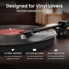 Hi-Fi Record Player with Speakers | Premium Vinyl Turntable with Bluetooth Capability | Built-in 4-Speaker Stereo System for Music Fans  Walnut Veneer+ Silver Trim