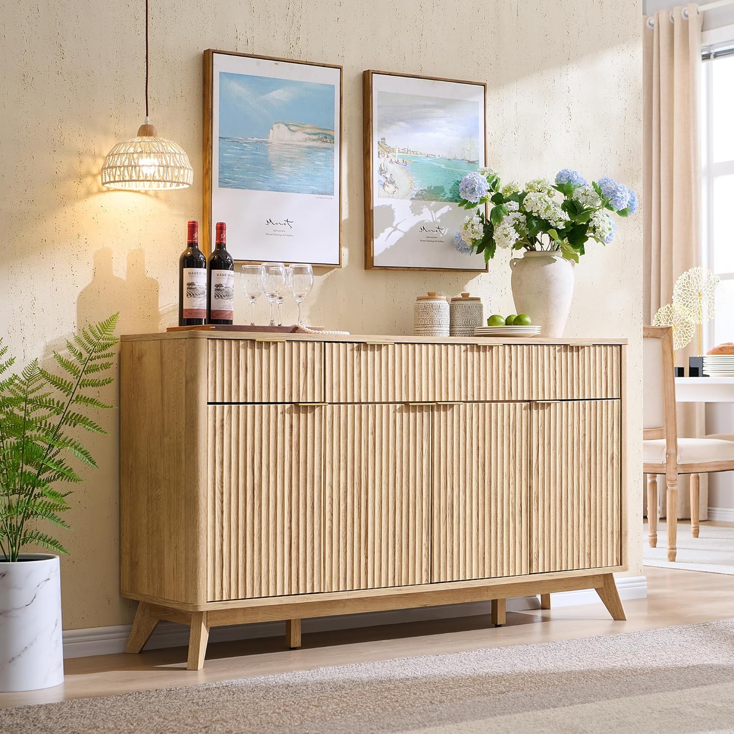T4TREAM Large Buffet Sideboard Cabinet with Storages, 60" Fluted Modern Buffet Table Coffee Bar Wine Bar Storage Cabinet with 3 Drawers & 4 Doors for Dining Room, Living Room, Hallway(Natural Oak) | with Storages, Coffee Bar, Wine Bar, Storage Cabine
