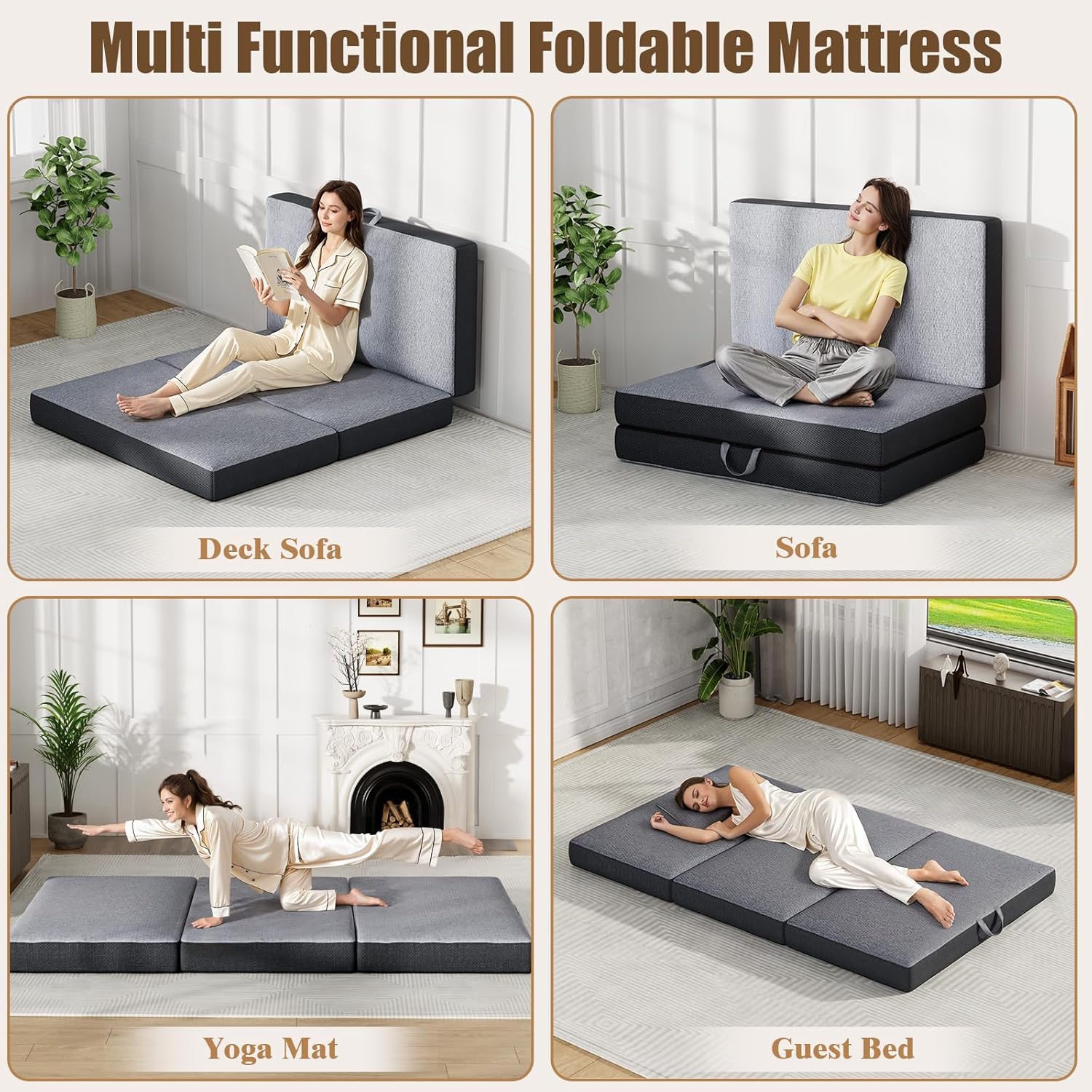 Trifold Mattress Full Size 6 Inch - Foldable Memory Foam Mattress for Camping, Travel, RV, Guest Bed & Yoga - No Slip Bottom, Washable Cover with Handles - Portable Folding Floor Cushion 73"x52"x6"