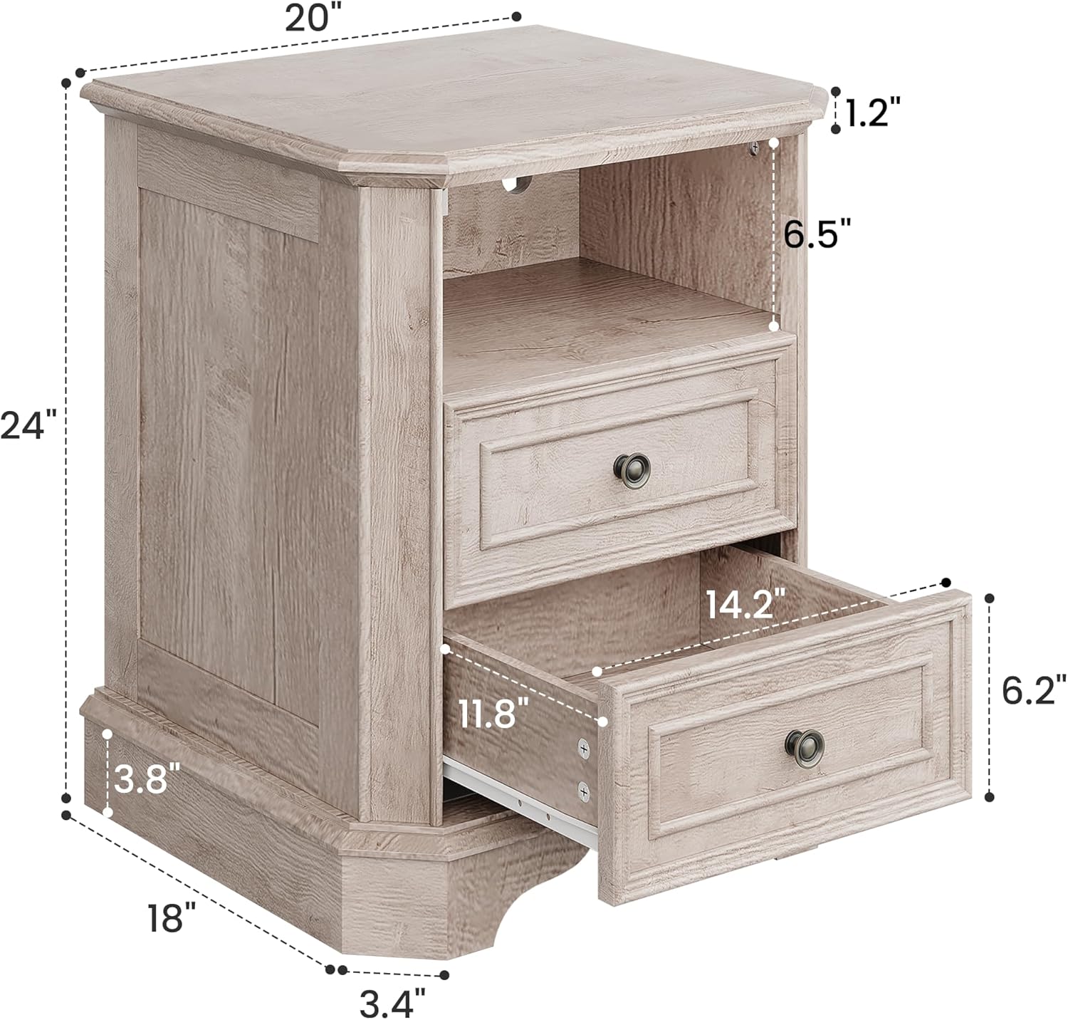 24" Greige Oak Nightstand with Charging Station, Set of 2 Rustic Farmhouse Bedside Table with 2 Drawers and Open Shelf, Distressed Wood End Table with Outlets and USB Ports