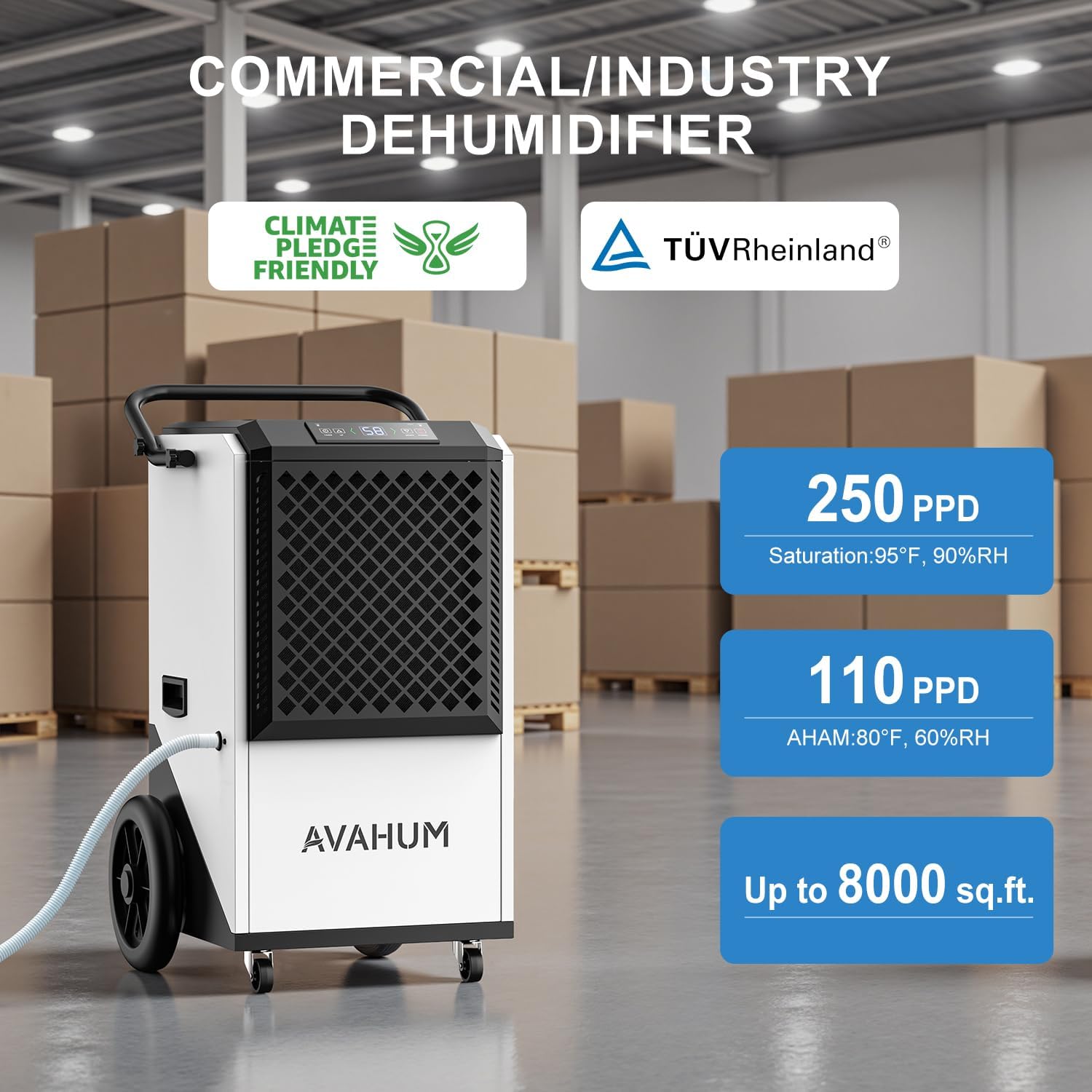 250 Pint Commercial Dehumidifier, Industrial Dehumidifier for 8,000 Sq.Ft Basement Warehouse Construction, Large Heavy Duty Commercial Grade Dehumidifiers with Drain Hose, Auto Defrost, Auto Restart