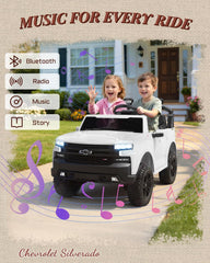 First Ride On 24V 2 Seater Ride on Car for Kids  Licensed Chevrolet Silverado Electric Car for Kids with Remote Control  Toddler Car with Bluetooth  LED Lights  Seat Belts and Spacious Design (White)