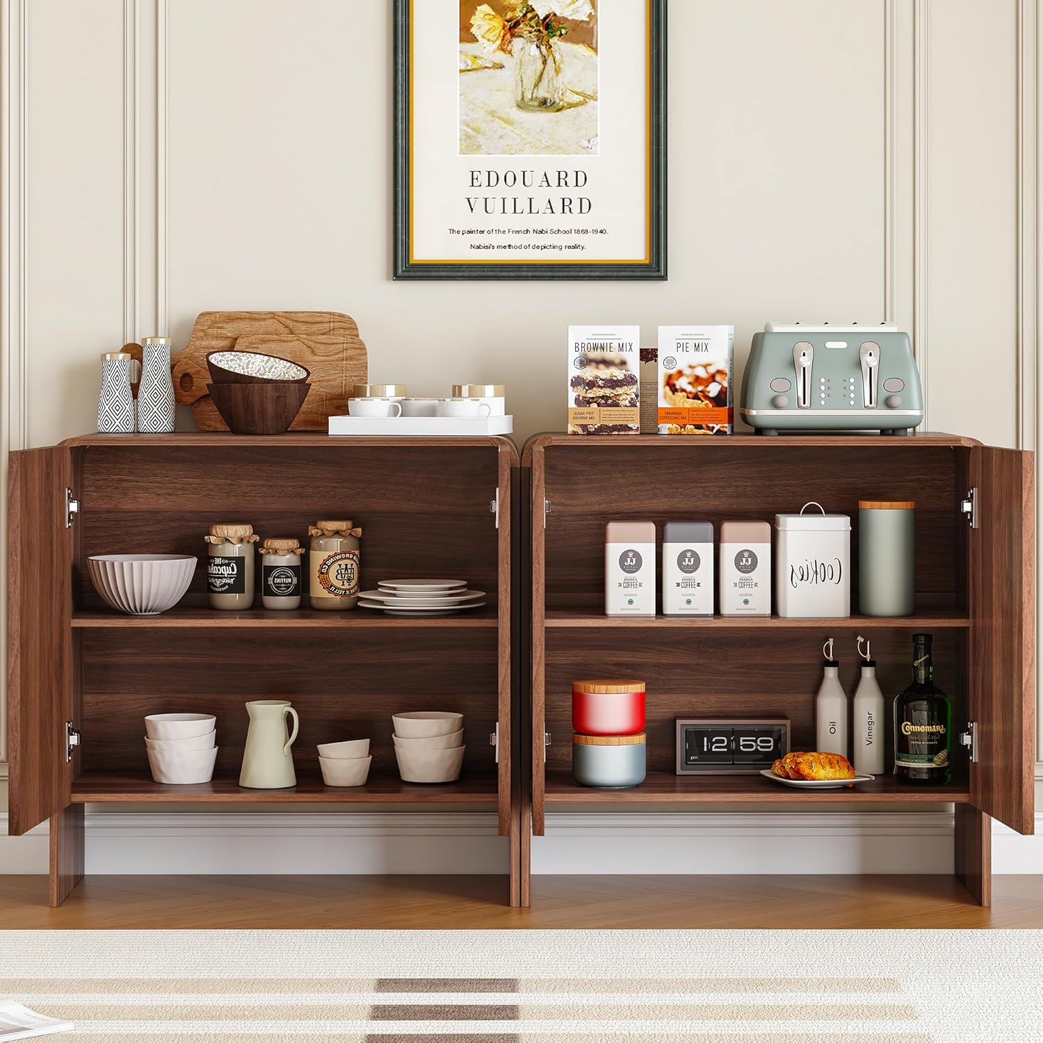 Fluted Sideboard Buffet Cabinet with Storage Set of 3, Mid Century Modern Storage Cabinet with Curved Edge and Adjustable Shelves for Kitchen Dining Room Living Room (Walnut, 3 pcs)