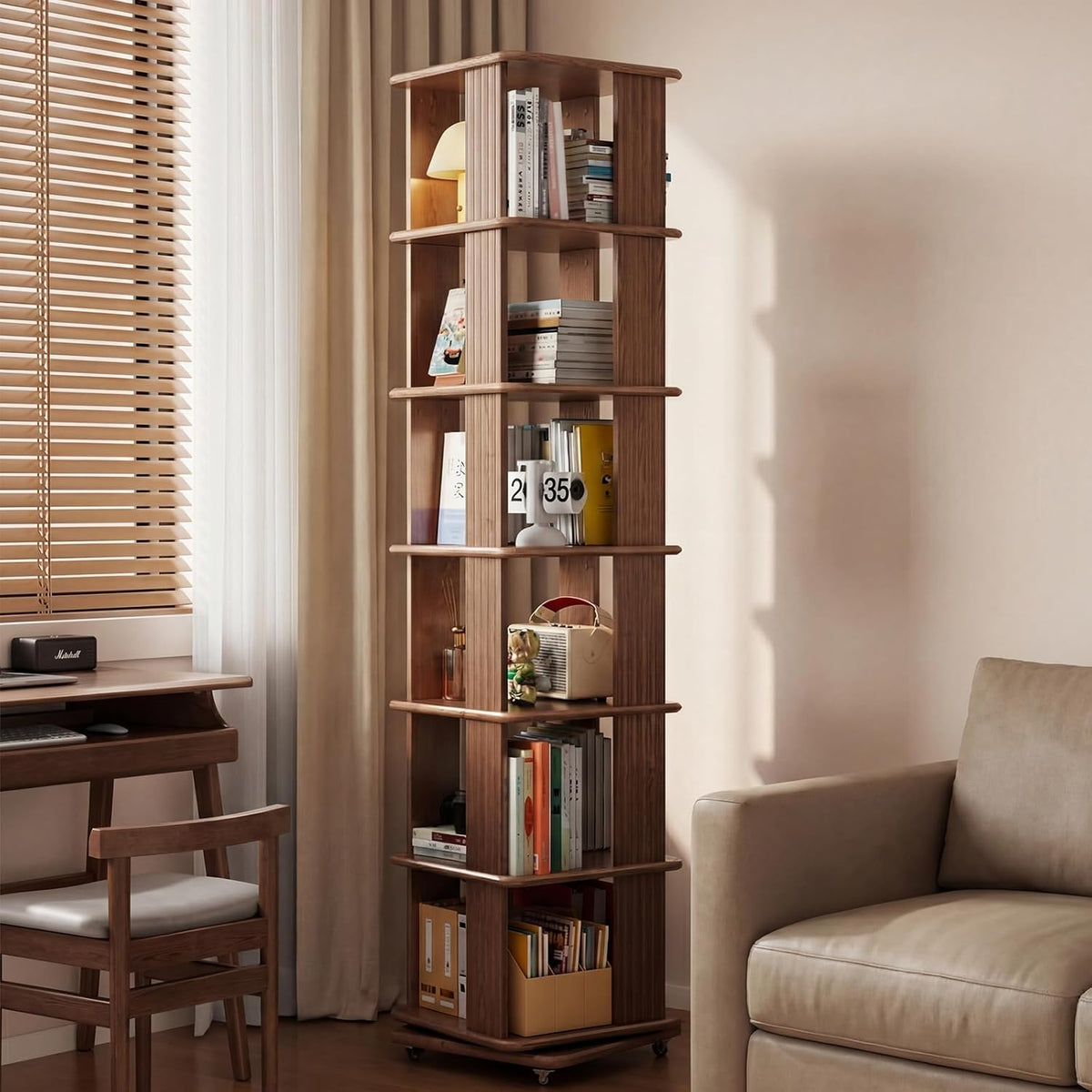 Solid Wood Rotating Bookshelf, 6-Tier Rolling Bookcase，360 Degree Revolving Bookshelf，Spinning Bookshelf Tower for Small Spaces, Bedroom，Office，Living Room，Classroom (Walnut)