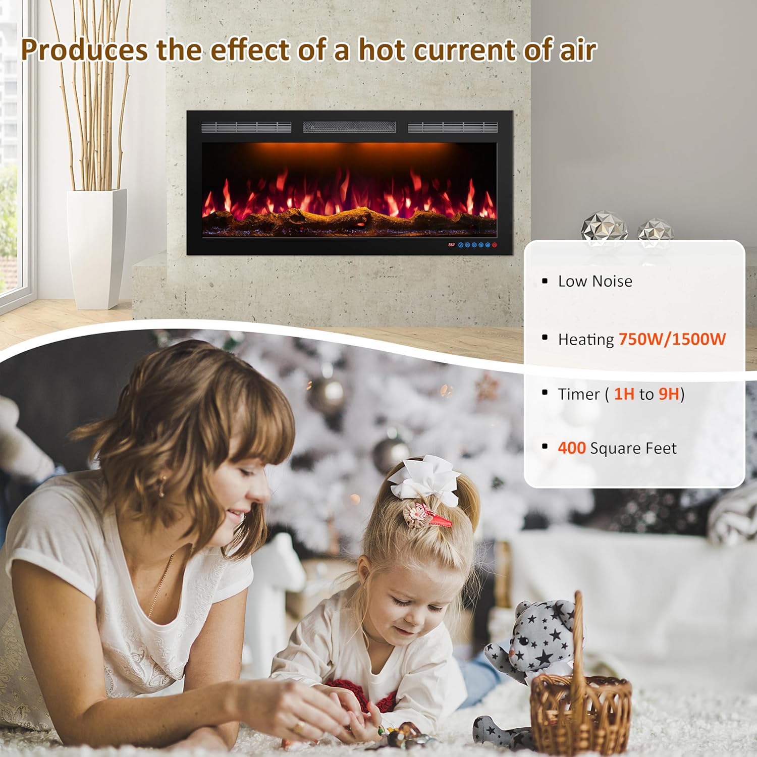 60 Inch WiFi Electric Fireplace Heater, Recessed or Wall Mounted, Ultra‑Slim 5.51" Deep, 750/1500W, 12 Flame Colors & 12 Ember Bed Colors,Remote & App Control, Works with Alexa & Google Home