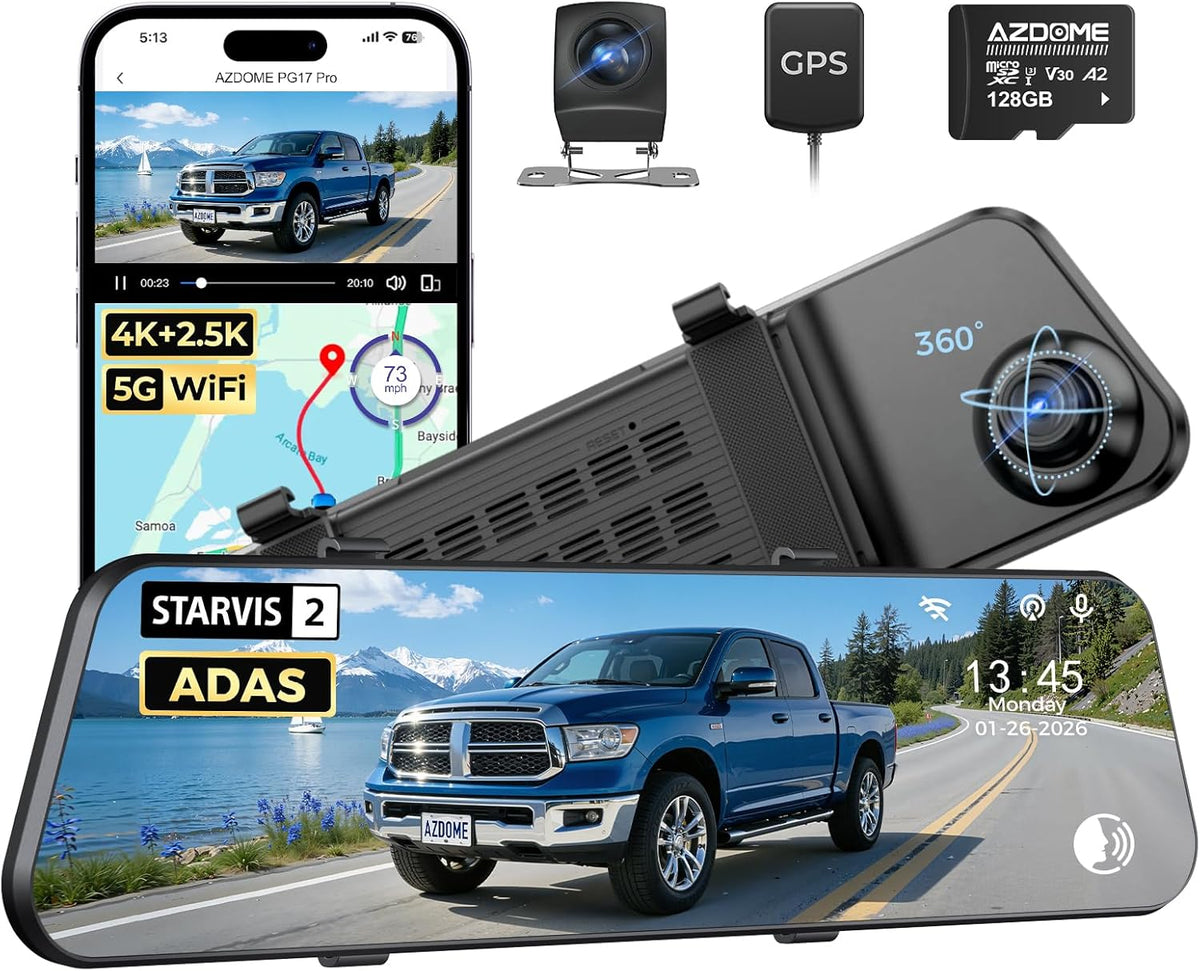 AZDOME PG17 Pro STARVIS 2 Mirror Dash Cam Front and Rear with IMX678  ADAS 12" Rear View Mirror Camera  4K+ 2.5K Dual HDR Dash Camera for Cars  5.8GHz WiFi Car Camera with 128GB Card Voice Control GPS