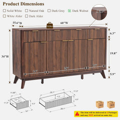 T4TREAM Fluted Buffet Sideboard Cabinet with Storages, 60" Large Modern Buffet Table Coffee Bar Wine Bar Storage Cabinet with 3 Drawers & 4 Doors for Dining Room, Living Room, Hallway(Dark Walnut)