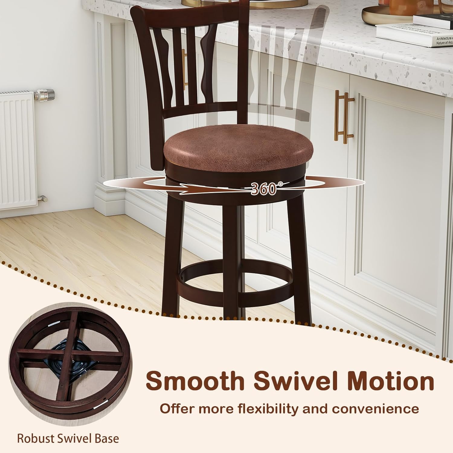 COSTWAY 30" Bar Height Stools Set of 4, Swivel High-Top Chairs with Backrest & Faux Leather Padded Seat, Rubber Wood Counter Barstools with Footrest for Kitchen Islands, Dining Room, Pub (4,30'')