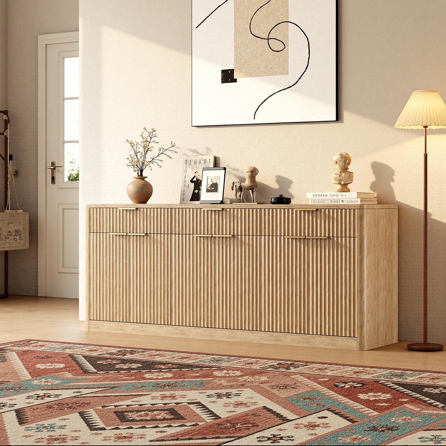 Evermagin 67" Fluted Oak Sideboard Buffet Cabinet with 3 Drawers, Modern Credenza with Storage, Console Coffee Bar Cabinet for Kitchen, Living Room and Entryway (67" W x 31.5" H x 15.7" D)