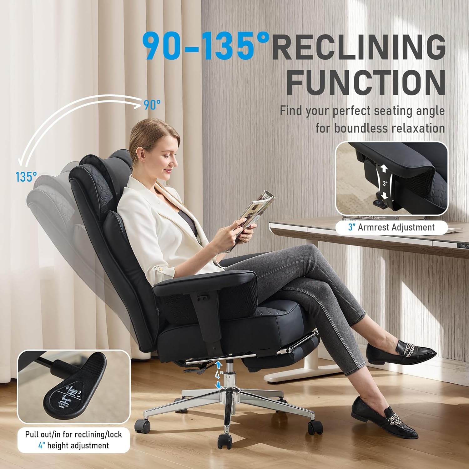 Big and Tall Office Chair, Ergonomic Leather Reclining Chair with Footrest, High-Back Comfy Executive Computer Desk Chairs with Lumbar Support, Wide Seat, 400LBS (Black)