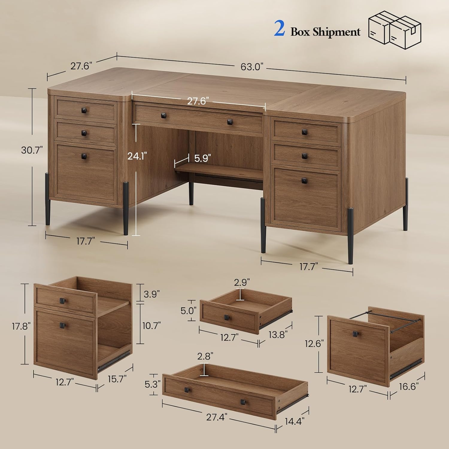 63" Executive Desk with 5 Drawers, Farmhouse Home Office Desks with 2 Storage Cabinet and Keyboard Tray, Large Boss Desk with Privacy Panel, Modern Table with Open Shelf and File Drawer
