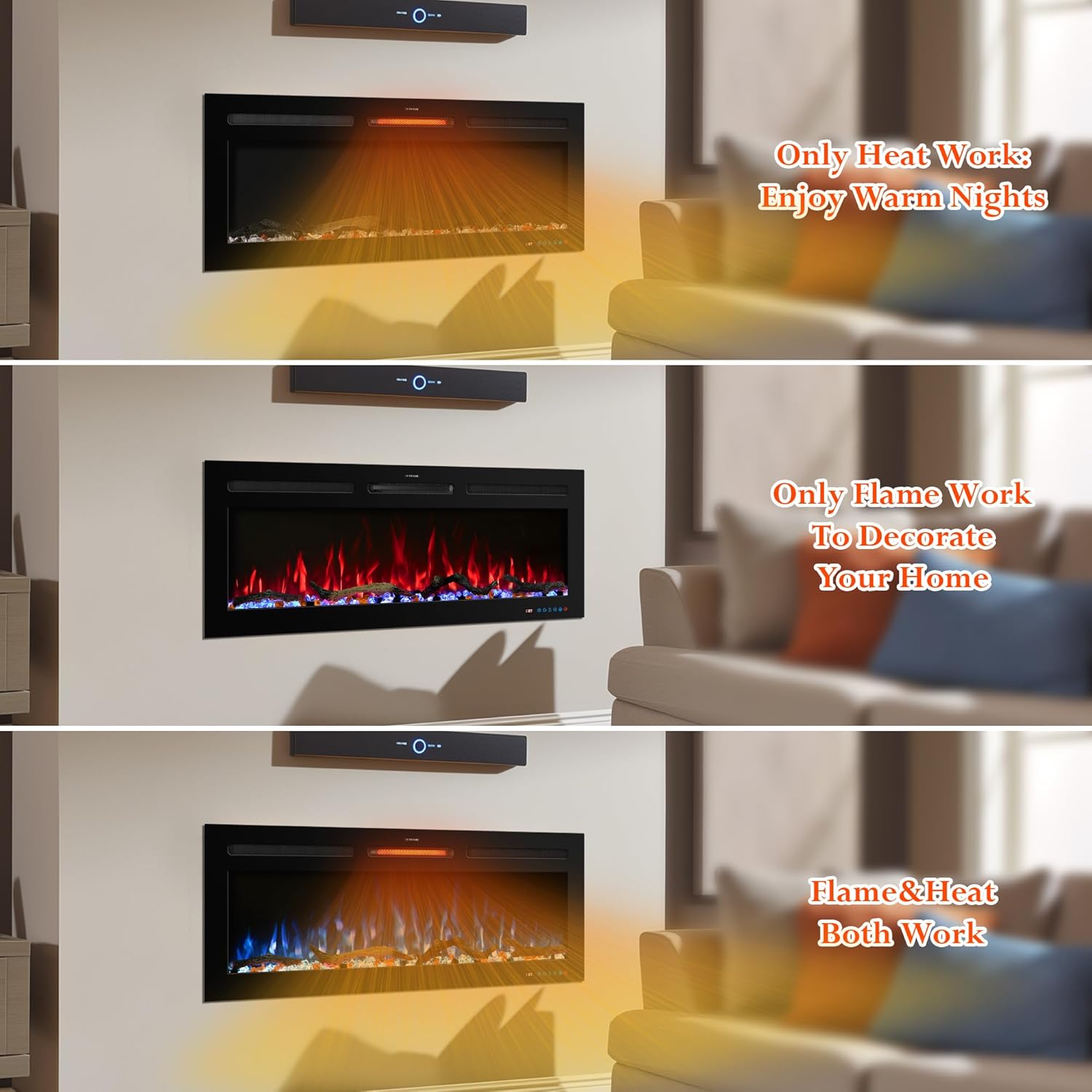 60" Smart WiFi Electric Fireplace Insert, 13 Flame & Fuel Bed with Automatic Cycle, Fireplace Heater with APP Control & Thermostat, Timer, Recessed and Wall Mounted