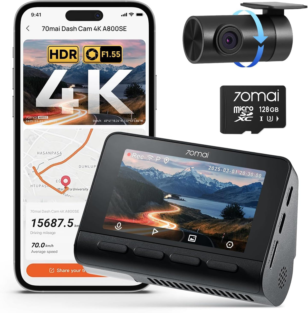 70mai 4K Dash Cam Front and Rear  Built in Wi-Fi 6 & GPS Car Camera  Super Night Vision  ADAS  3'' IPS Screen  24H Parking Mode  Time-Lapse  Loop Recording  with 128GB Card (A800SE)