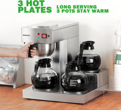 12 Cup Commercial Coffee Maker,Drip Coffee Maker Machine with 3 Warmers Plate and 3 Glass Decanters, Stainless Steel Pour Over Commercial Coffee Brewer for Restaurant, Office, Cafe Use
