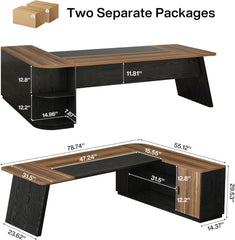 Tribesigns 79-Inch Executive Desk, Large Office Desk with Cabinet, L-Shaped Compter Desk with Storage Shelves, Writing Table for Home Office, Brown and Black