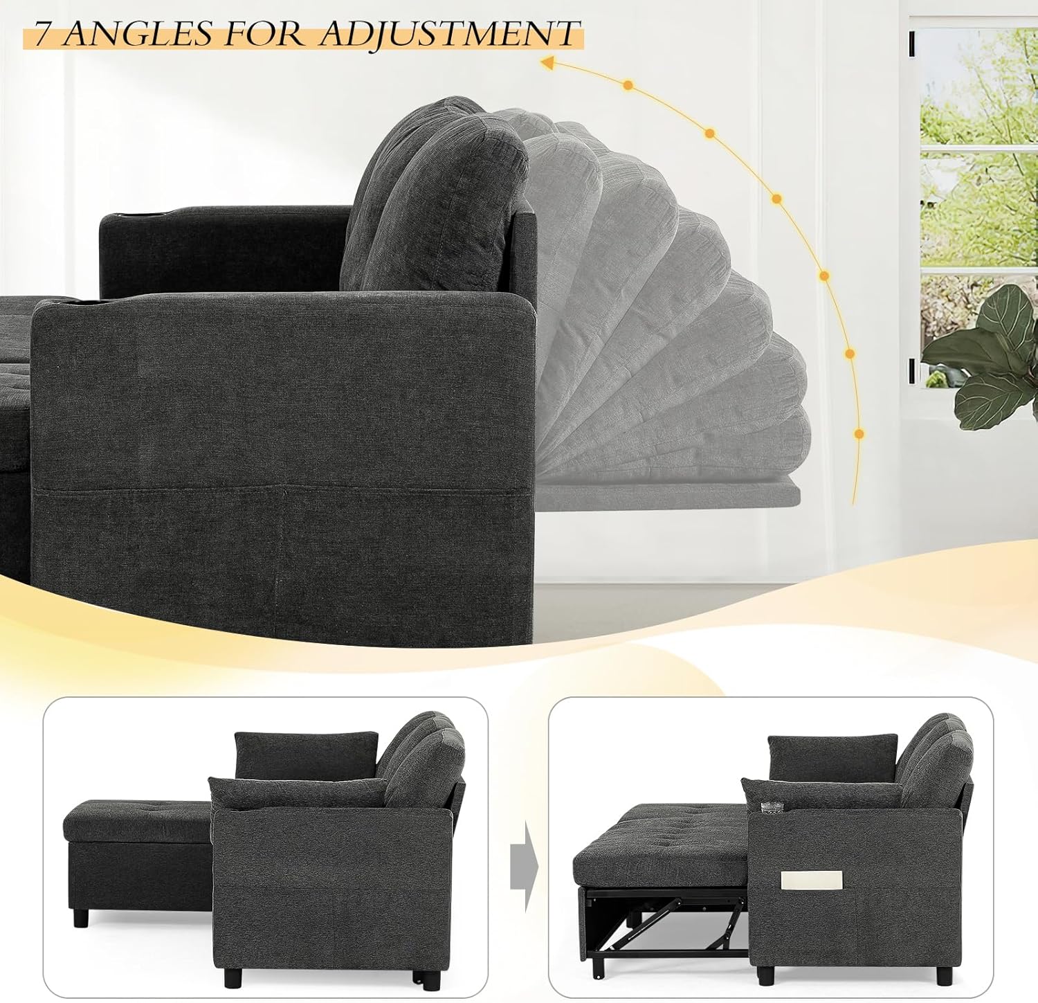 84" L-Shape Pull Out Sofa with 2 Storage Chaise, Fabric Sectional Sleeper Sofa with Adjustable Backrest, Upholstered Reversible Couch Bed with USB Port for Living Room, House, Grey