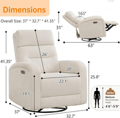 Power Swivel Rocker Recliner Chair for Nursery, Swivel Reclining Rocking Chairs, Electric Swivel Recliner Glider Nursery for Living Room, Upholstered Recliner Chairs for Bedroom, Corduroy White