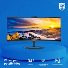 Philips 34E1C5600HE 34" UltraWide QHD 21:9 Monitor with Built-in Windows Hello Webcam & Noise Canceling Mic  USB-C Docking  Stereo Speakers  100Hz  4-Year Advance Replacement Black