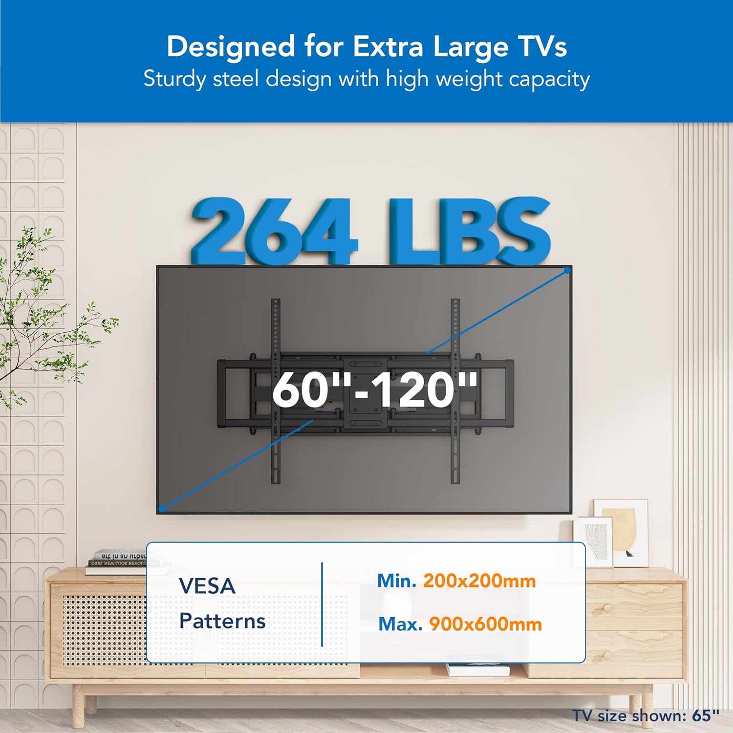 Mount-It! Heavy Duty XXL Full Motion TV Wall Mount for Extra Large TVs  max VESA 900x600  Holds up to 264lb  Swivel Tilt Extension Adjustable TV Mount for 60" 65" 75" 80" 85" 90" 98" 100" 115" 120 in