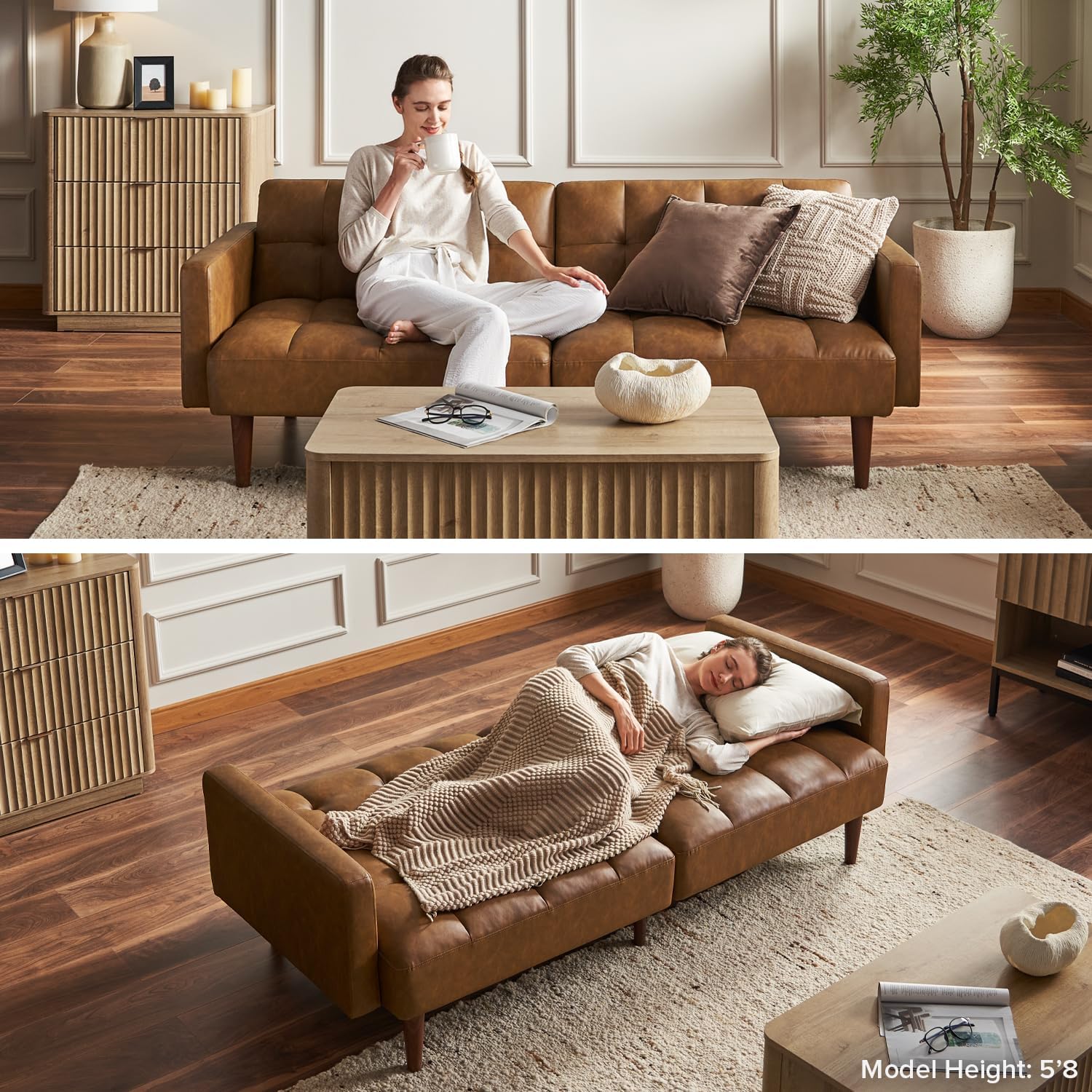 mopio 76.4" Futon Sofa Bed, Couch, Loveseat, Sleeper Sofa, Mid Century Modern Futon Couch, Sofa Cama, Couches for Living Room (Aaron PU, Pecan Brown)