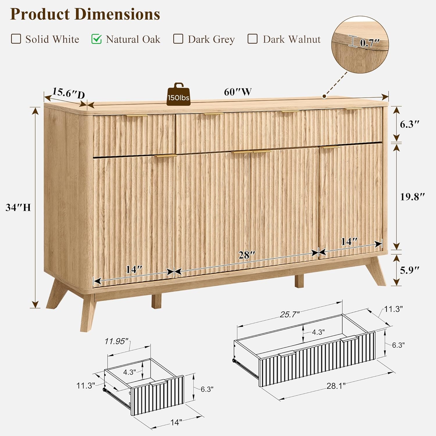 T4TREAM Large Buffet Sideboard Cabinet with Storages, 60" Fluted Modern Buffet Table Coffee Bar Wine Bar Storage Cabinet with 3 Drawers & 4 Doors for Dining Room, Living Room, Hallway(Natural Oak) | with Storages, Coffee Bar, Wine Bar, Storage Cabine