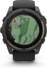Garmin Fenix 8 Premium Multisport GPS Running Smartwatch  51 mm  Sapphire  Solar  Dive-Rated  Built-in Flashlight  DLC Titanium with Pebble Gray Band - Signature Series Charging Stand