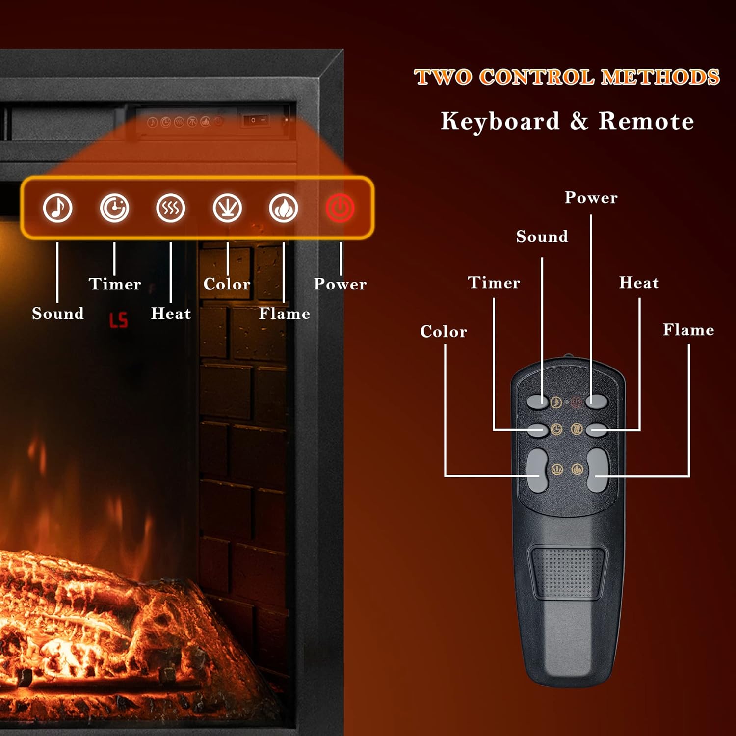 36 inch Wide 21 inch High Electric Fireplace, Wall Fireplace Electric with Remote Control, Realistic Log and Crackling Sound, Overheating Protection and Timer, 750/1500W Black