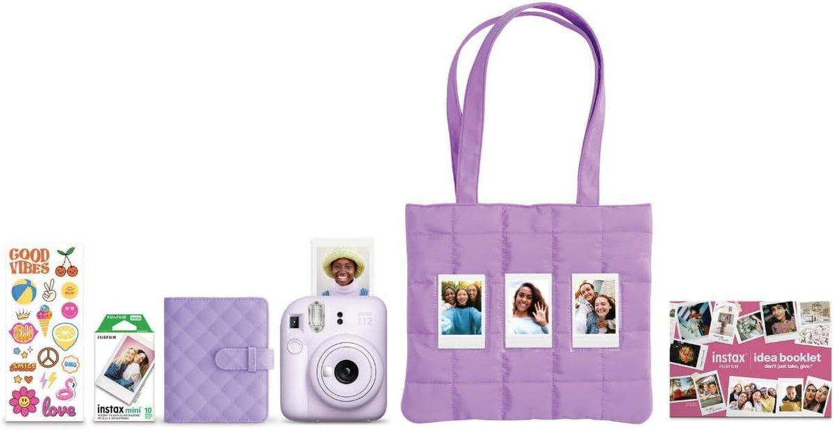FUJIFILM INSTAX Mini 12 Holiday Bundle 2025 | with Extra Instax Mini Film + 4 Pk AA Batteries & Sunshine Photo Microfiber Cleaning Cloth (10 Items) (Holiday Bundle (10 Sheets)  Lilac Purple)