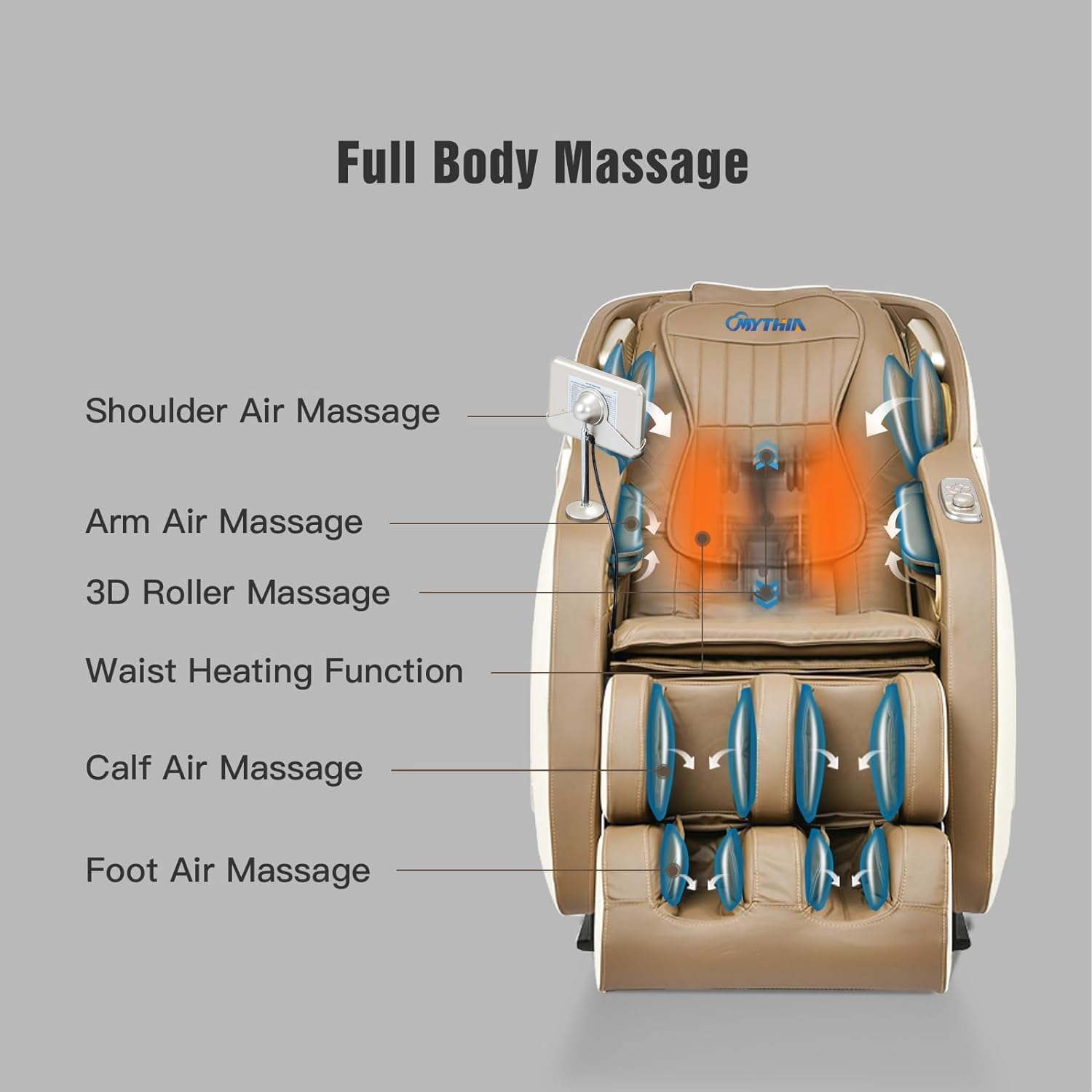 MYTHIA MD906 2026 Massage Chair - Full Body Zero Gravity Recliner with 3D Massage  Heat Therapy  Air Pressure & Foot Roller  Bluetooth & USB Charging Port for Home & Office Use (Beige)