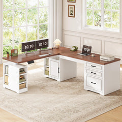 SEDETA Farmhouse L Shaped Electric Standing Desk, 63" x 67" Height Adjustable Home Office Executive Desk with Drawers and Shelves, Standing Computer Desks with Power Outlet for Home Office, White