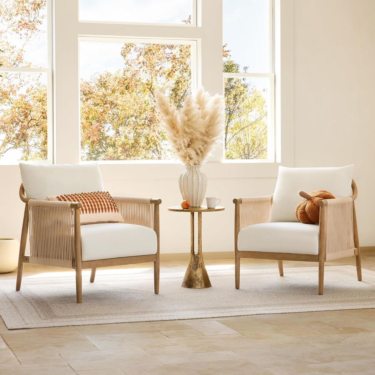CHITA Braid Accent Chair Set of 2, Modern Armchair with Solid Wooden Armrest for Living Room and Bedroom, Boho Reading Chair, Cream