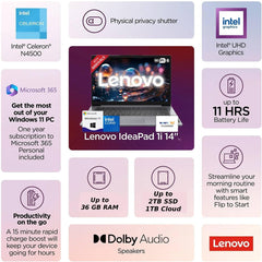 Lenovo IdeaPad Laptop with Microsoft Office  12GB RAM  1.2TB(1TB Cloud & 256GB Storage)  Intel High Performance CPU  11 Hour Battery  SD-Card Reader  Webcam + USB-C  WOWPC Recovery USB  Windows 11