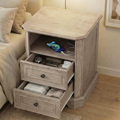 24" Greige Oak Nightstand with Charging Station, Set of 2 Rustic Farmhouse Bedside Table with 2 Drawers and Open Shelf, Distressed Wood End Table with Outlets and USB Ports