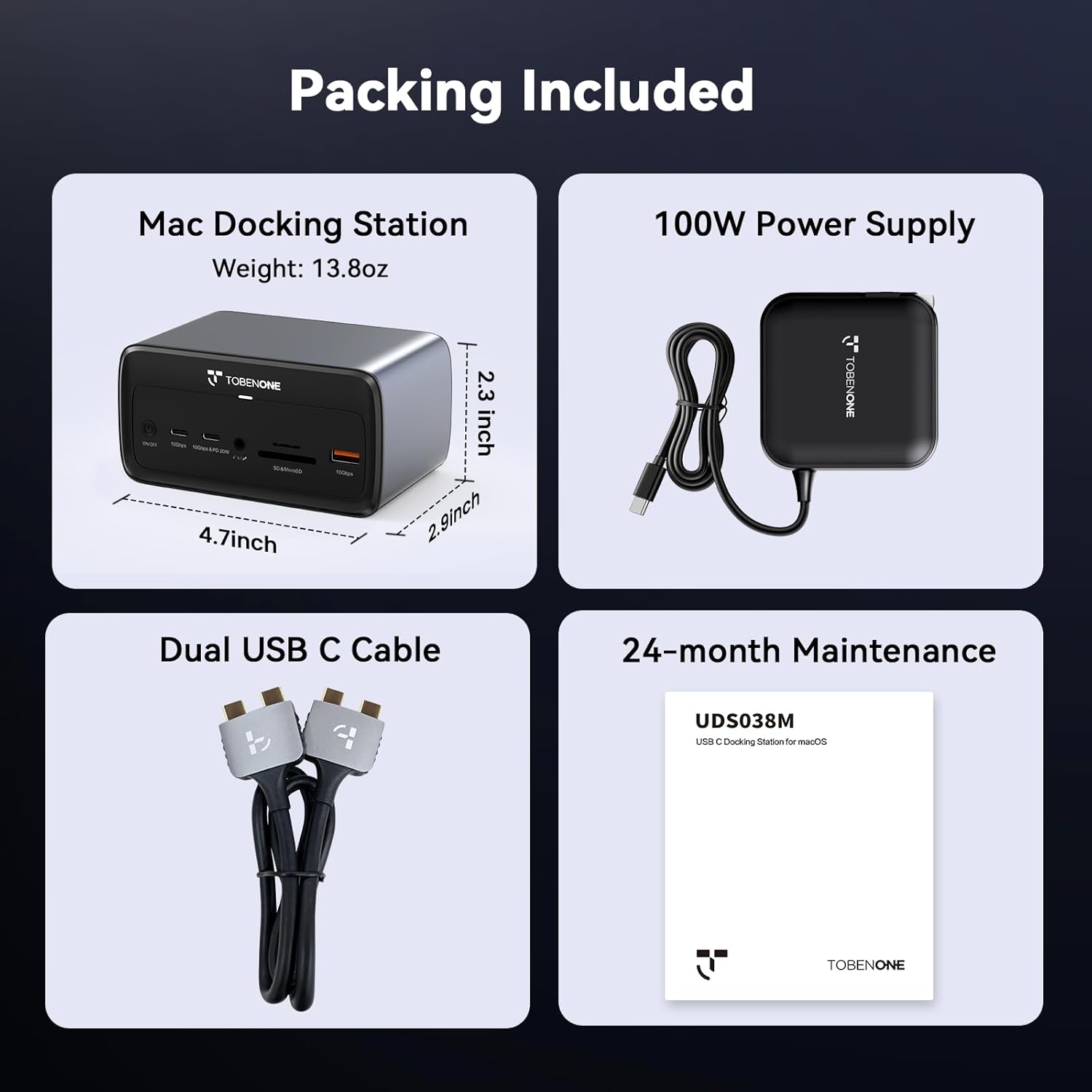 TobenONE MacBook Docking Station Dual 4K@60Hz  16-in-2 USB C Docking Station with 2 HDMI Ports  7 USB Ports  100W GaN Power Supply & 20W Charging  2.5Gbps Ethernet  for Home & Office