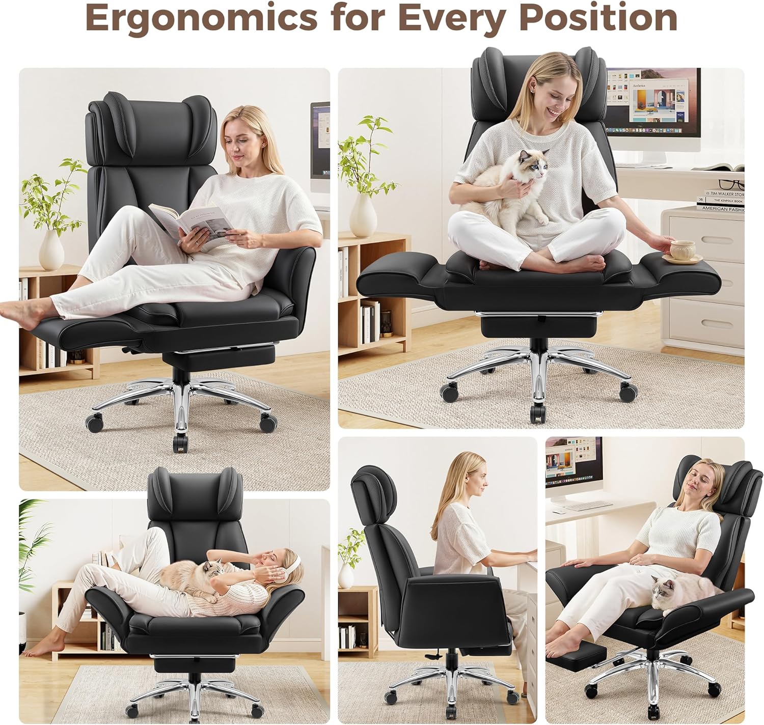 Big and Tall Office Chair, Flip Armrests for Pets & Cross Legged Sitting, Ergonomic Leather Executive Desk Chair with Foot Rest, High-Back Reclining Computer Chairs for Office Home Game - Black