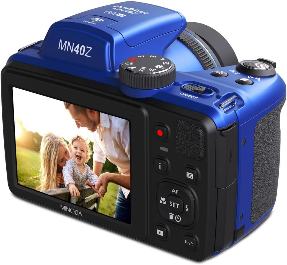 MINOLTA MN40Z 20 Mega Pixels 40x Optical Zoom Digital Camera with 1080p FHD Video  Blue  Bundle with 64GB Memory Card + Vlogging Tripod + 4xAA Battery with Charger + More Accessories